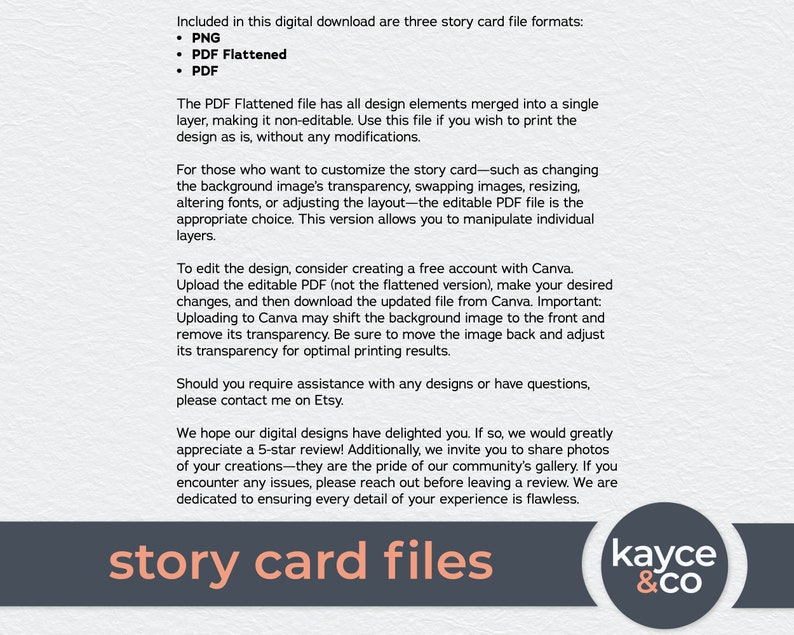 Op de afbeelding: Digitale downloadafbeelding met tekst: "story card files". Bevat PNG-, PDF Flattened- en PDF-formaten. Het PDF Flattened-bestand is niet bewerkbaar. De bewerkbare PDF maakt aanpassing in Canva mogelijk. Neem contact op voor assistentie.