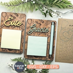 May include: Two wooden nurse-themed memo boards with personalized names, stethoscopes, and medical tool illustrations. One board has a gold name, the other a green name. Each has a notepad and pen.