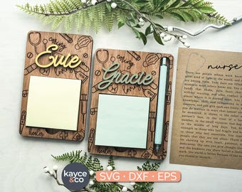 Porta-bloco de notas adesivas para cartões de histórias em formato SVG, presente para enfermeira, decoração de mesa de escritório, lista de tarefas, arquivo para corte a laser, download digital.