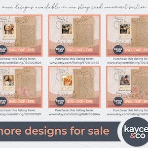 May include: Six digital designs for printable story card ornaments. Each design features a different photo and text, including "best friends", "you & me", "potter and friends", "peaceful again", "hey big sis", and "hey lil sis". The designs are available in SVG, DXF, and EPS formats.