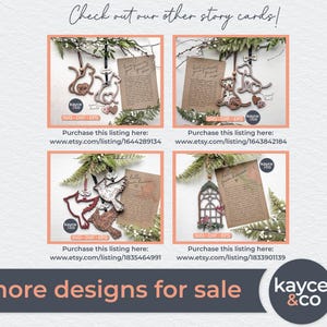 Op de afbeelding: Een collage van vier productafbeeldingen met houten ornamenten en verhaalkaarten. De ornamenten tonen katten, honden, vogels en raamontwerpen. De tekst "Check out our other story cards!" en "more designs for sale" is zichtbaar.