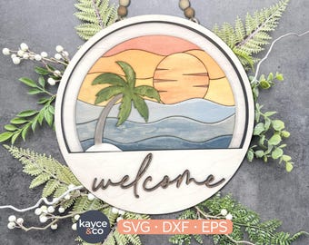 Beach Sun Palm Tree Svg Insert for Welcome Sign Interchangeable Door Hanger Retro Sunset Summer Door Sign Laser Ready, DIGITAL DOWNLOAD