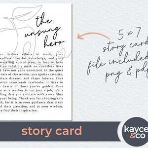 May include: A printable 5x7 inch story card with a gray and white illustration of a bicycle with a quote about the unsung hero of teachers. The text reads "The unsung hero. Your tireless efforts to teach, your boundless love for knowledge, and your unwavering commitment to inspire have left an indelible mark on countless lives and have not gone unnoticed. In the quiet corners of classrooms, you ignite curiosity, nurture dreams, and shape futures. Your passion transcends textbooks; it lives in the hearts of those you've guided. Your role as a teacher is not just a job; it's a calling that you embrace with every fiber of your being. Thank you for choosing this path, for it is in your guidance that many find their direction, and in your wisdom, they find their inspiration."