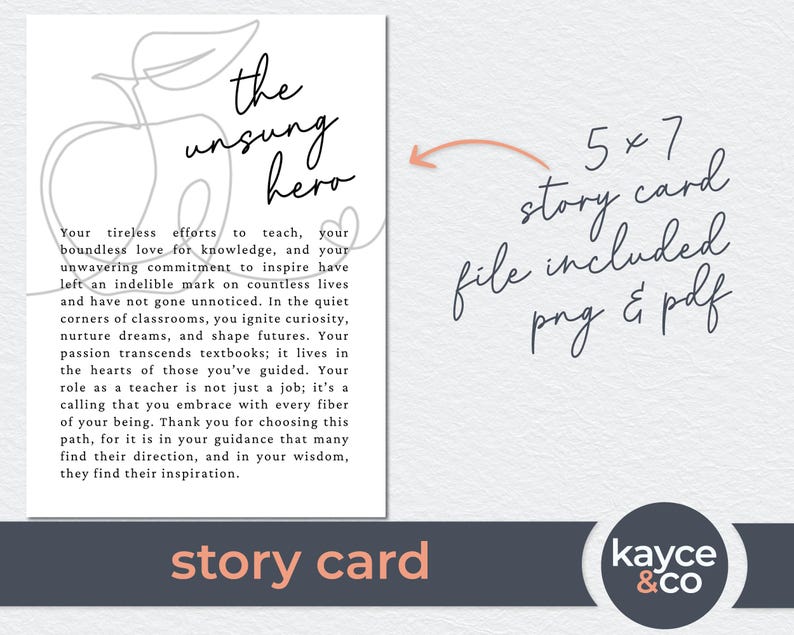 May include: A printable 5x7 inch story card with a gray and white illustration of a bicycle with a quote about the unsung hero of teachers. The text reads "The unsung hero. Your tireless efforts to teach, your boundless love for knowledge, and your unwavering commitment to inspire have left an indelible mark on countless lives and have not gone unnoticed. In the quiet corners of classrooms, you ignite curiosity, nurture dreams, and shape futures. Your passion transcends textbooks; it lives in the hearts of those you've guided. Your role as a teacher is not just a job; it's a calling that you embrace with every fiber of your being. Thank you for choosing this path, for it is in your guidance that many find their direction, and in your wisdom, they find their inspiration."