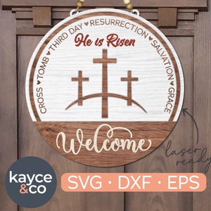 Él ha resucitado svg, colgador de puerta de bienvenida svg, cruz svg, primavera Pascua svg, signo redondo, signo de puerta, fe cristiana láser listo, DESCARGA DIGITAL