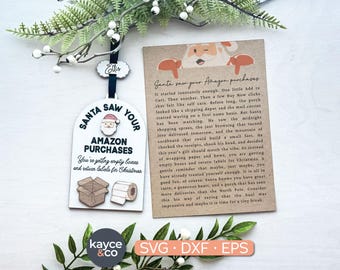 Cartão com a história "Papai Noel viu seu enfeite" em SVG, pingente para carro, lembrança divertida e emocionante, presente para quem compra online, arquivo para corte a laser, DOWNLOAD DIGITAL
