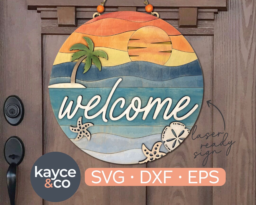 Beach Sun Palm Tree Svg Welcome Sign Door Hanger Svg Retro Sunset Door ...