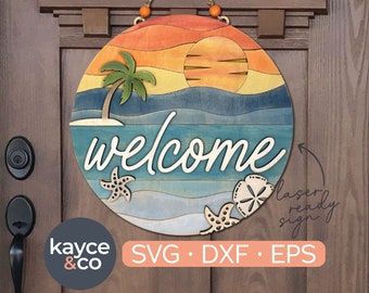 Beach Sun Palm Tree Svg Welcome Sign Door Hanger Svg Retro Sunset Door Sign Laser Ready, Porch Sign Cut File Gift for, DIGITAL DOWNLOAD