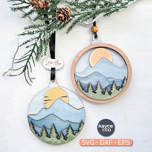 Landscape Mountain Ornament Svg, Sun, Pine Tree, Layered Round Wood Laser Ready Cut File Scene Glowforge + Cricut Gift idea DIGITAL DOWNLOAD