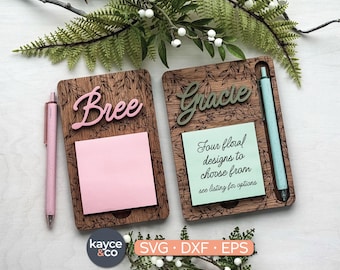 Conjunto de porta-blocos de notas adesivas em SVG, quatro opções florais para decoração de mesa de escritório, personalizável, lista de tarefas, arquivo para corte a laser, DOWNLOAD DIGITAL