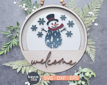 Inserção em SVG de boneco de neve para placa de boas-vindas, decoração de porta intercambiável, decoração sazonal de inverno para casa, pronta para corte a laser, DOWNLOAD DIGITAL
