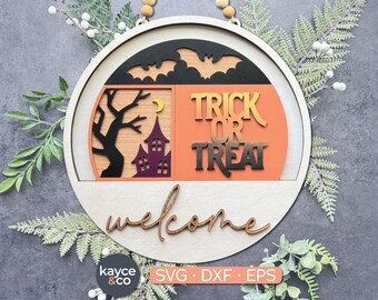 Enfeite de porta intercambiável "Doces ou Travessuras - Feliz Halloween"! Assustador e fofo! Arquivo de corte a laser pronto para download digital.
