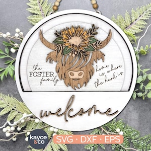 Highland Kuh Svg Insert für Willkommensschild austauschbarer Türschild Svg Add-on, Sonnenblume Svg, Nachname Schild Laser bereit, DIGITAL DOWNLOAD