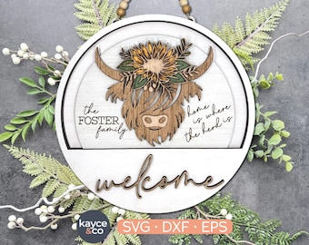 Highland Cow Svg Insert for Welcome Sign Interchangeable Door Hanger Svg Add on, Sunflower Svg, Last Name Sign Laser Ready, DIGITAL DOWNLOAD
