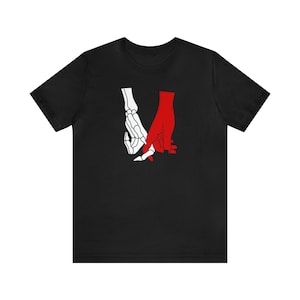 Skeleton and Devil Demon Holding Hands Unisex Jersey Short Sleeve Tee