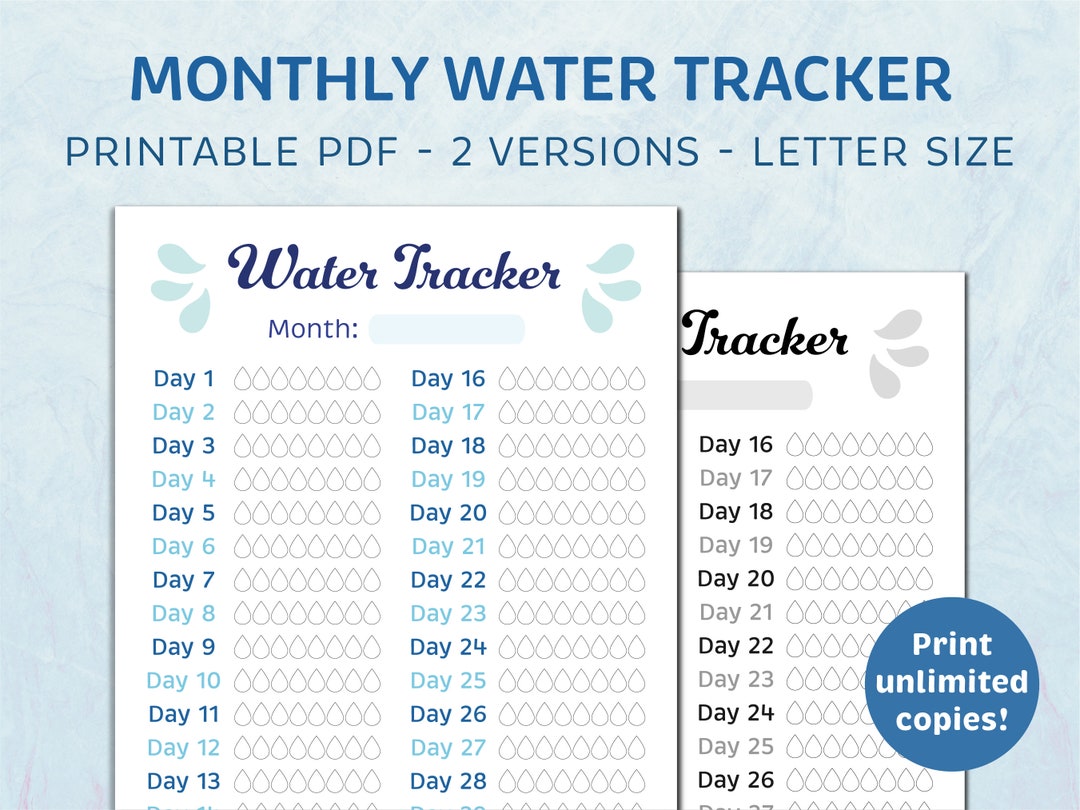 Monthly Water Tracker Printable, Water Intake Tracker, 31 Day Water ...