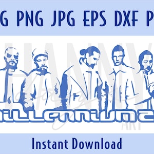 Può includere: Un grafico digitale blu che mostra cinque figure stilizzate in fila sopra il testo "millennium 2.0". La parte superiore dell'immagine mostra il testo "SVG PNG JPG EPS DXF PDF" e quella inferiore il testo "Instant Download".