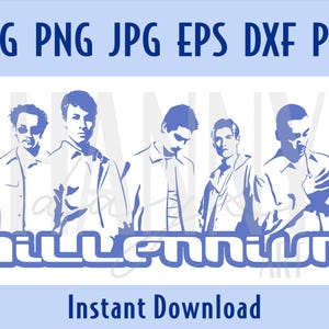 Puede incluir: Un gráfico digital en tonos azules que muestra a cinco personas de pie una al lado de la otra, con el texto "millennium" en una fuente estilizada debajo. La parte superior muestra "SVG PNG JPG EPS DXF PDF" y la inferior "Instant Download".
