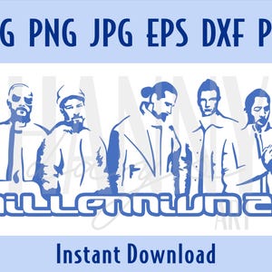 Könnte beinhalten: Blau-weiße digitale Grafik mit fünf stilisierten Figuren. Der Text oben lautet "SVG PNG JPG EPS DXF PDF". Unter den Figuren steht das Wort "Millennium20". Die Worte "Instant Download" stehen unten.