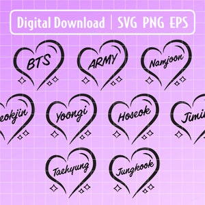 Puede incluir: Un conjunto de diez diseños en forma de corazón en blanco y negro con los nombres de los miembros de la banda de chicos surcoreana BTS. Los nombres son: BTS, ARMY, Namjoon, Seokjin, Yoongi, Hoseok, Jimin, Taehyung y Jungkook.