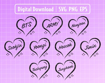 May include: A set of ten black and white heart-shaped designs with the names of the members of the South Korean boy band BTS. The names are: BTS, ARMY, Namjoon, Seokjin, Yoongi, Hoseok, Jimin, Taehyung, and Jungkook.