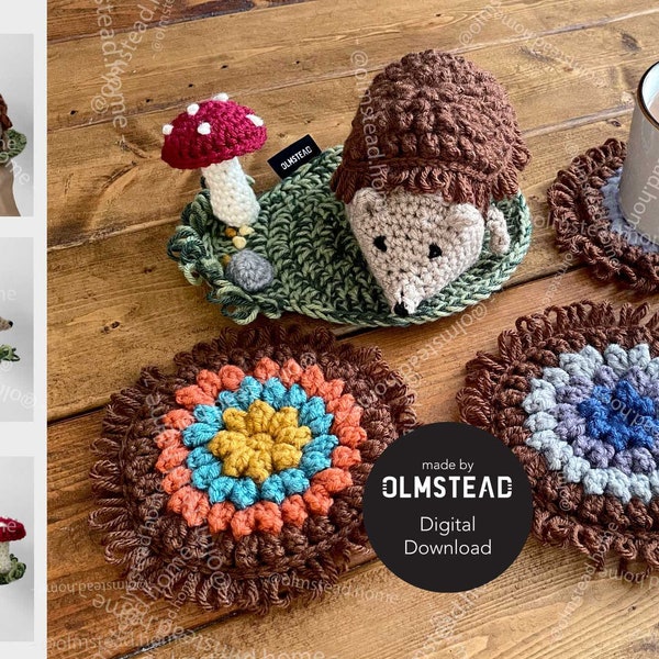 Penelope Hedgehog Crochet Coaster Set - PDF Pattern - 4 coasters, Hedgehog, and Grass Mat