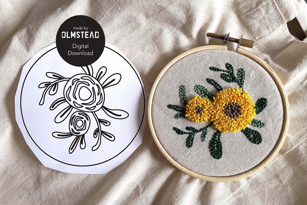 2 Flower Punch Needle Pattern PDF for 4, 6, 8, 10 Embroidery Hoop Sizes