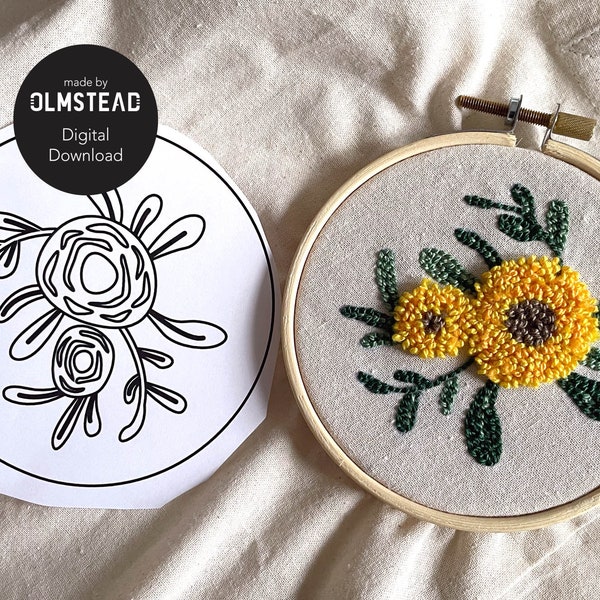 2 Flower Punch Needle Pattern PDF - for 4", 6", 8", 10" Embroidery Hoop Sizes