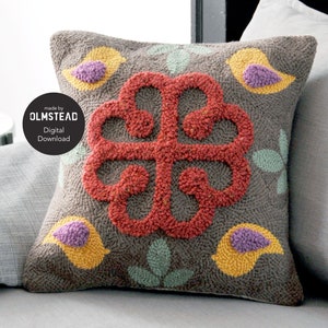 May include: A gray throw pillow with a red, yellow, and purple floral design. The pillow has a tufted texture and the text "made by OLMSTEAD Digital Download" is printed on the side.