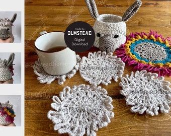 Crochet Llama Head Coaster Set - PDF Pattern - 4 coasters, Character Head, and Mat