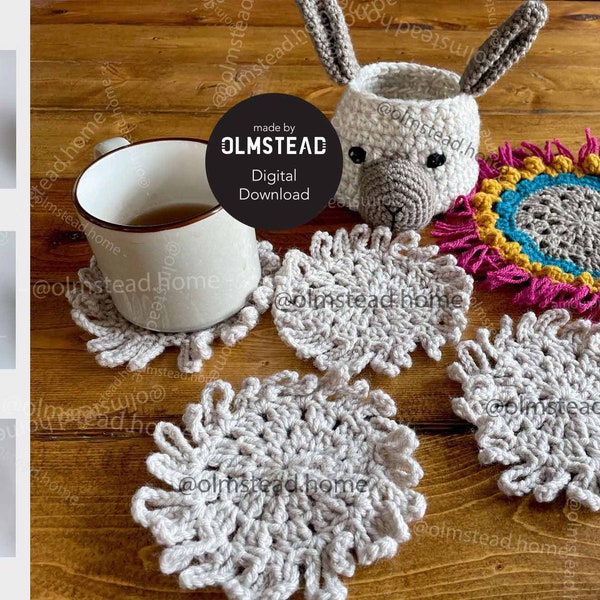 Crochet Llama Head Coaster Set - PDF Pattern - 4 coasters, Character Head, and Mat