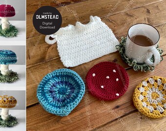 Crochet Mushroom Coaster Set - PDF Pattern - 4 coasters, 1 mat