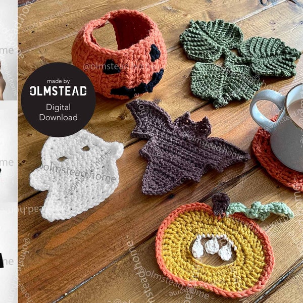 Jacques-o'-lantern Pumpkin Crochet Coaster Set - PDF Pattern - 4 coasters, pumpkin head / mug cozy, and mat