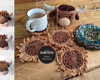 Crochet Highland Cow Head Coaster Set - PDF Pattern - 4 coasters, Character Head, and Mat