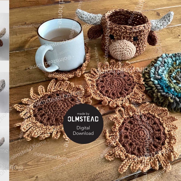 Crochet Highland Cow Head Coaster Set - PDF Pattern - 4 coasters, Character Head, and Mat