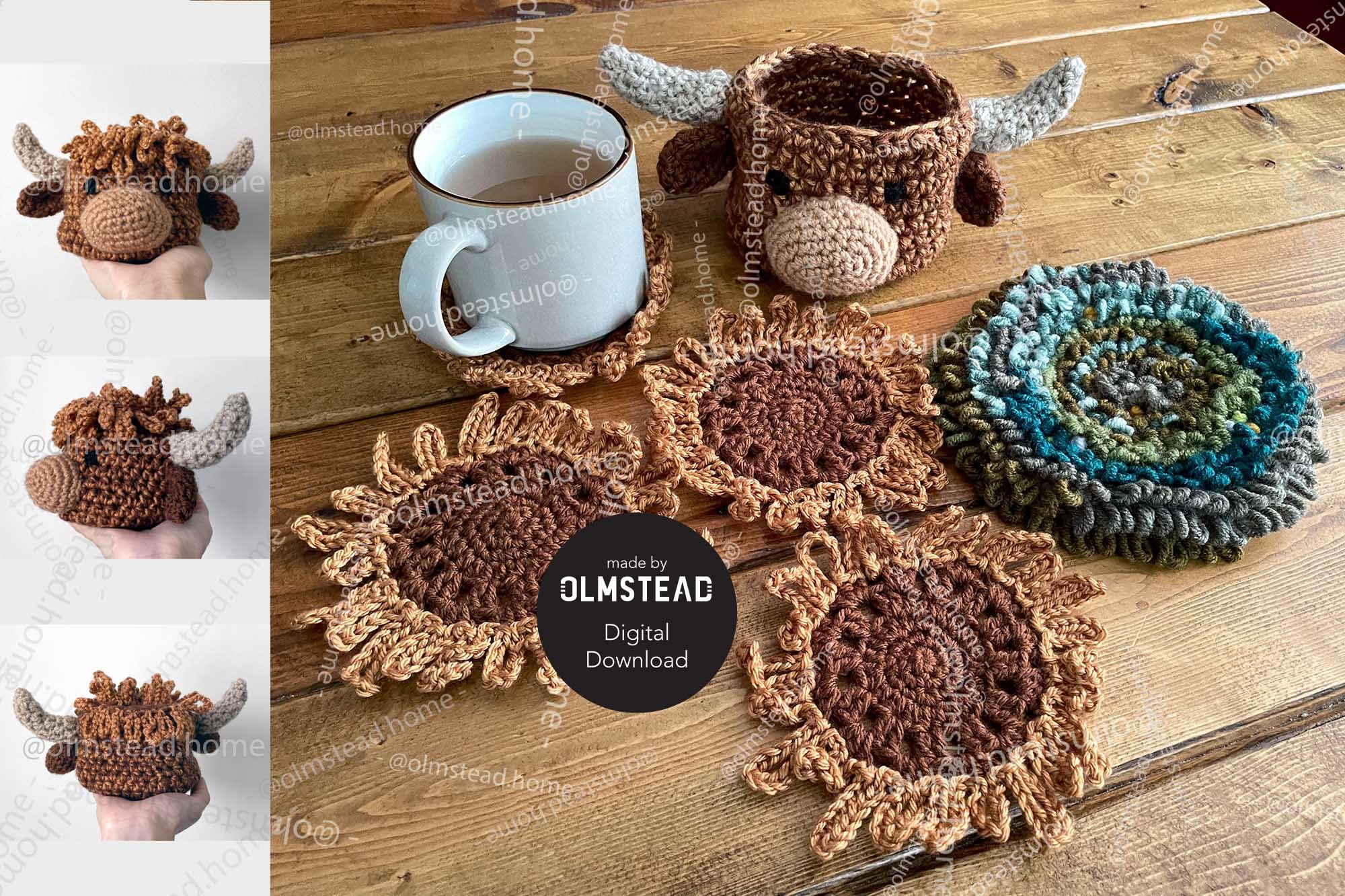 Crochet Highland Cow Head Coaster Set - PDF Pattern - 4 coasters, Character Head, and Mat