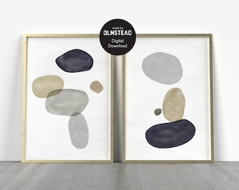 2 Piece Earth Tone Abstract Shapes Art Print, Large Wall Art - Digital Print File, Modern Wall Decor for Office - fits Ikea Ribba frames