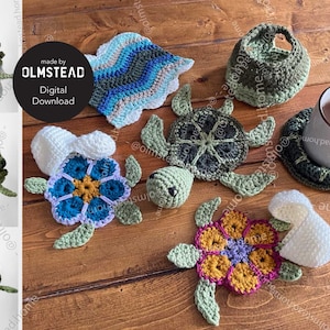 Shellsea Crochet Turtle Coaster Set - PDF Pattern - 4 coasters, Character Body, and Mat