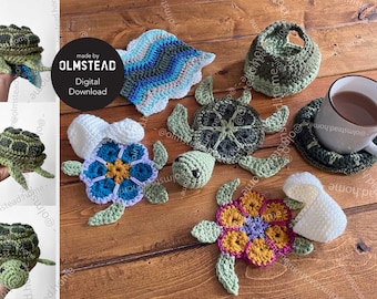 Shellsea Crochet Turtle Coaster Set - PDF Pattern - 4 coasters, Character Body, and Mat