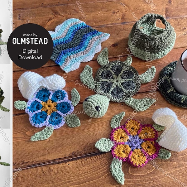ORIGINAL Shellsea Crochet Turtle Coaster Set - PDF Pattern - 4 coasters, Character Body, and Mat