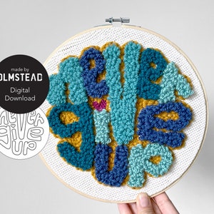 May include: A close-up of a round embroidery hoop with the phrase "Never Give Up" in colourful yarn. The hoop is held in a person's hand.