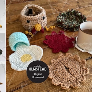 Hennifer Crochet Chicken Coaster Set -  PDF Pattern - 4 coasters, Character Head, and Mat