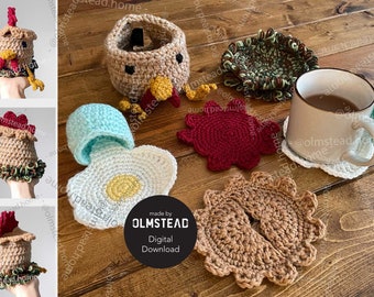 Hennifer Crochet Chicken Coaster Set -  PDF Pattern - 4 coasters, Character Head, and Mat
