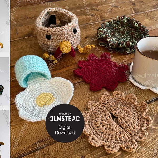 Hennifer Crochet Chicken Coaster Set -  PDF Pattern - 4 coasters, Character Head, and Mat