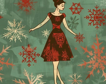 Papel de regalo navideño vintage: ama de casa de mediados de siglo, papel de regalo festivo verde