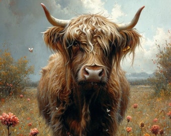 Inpakpapier Highland Cow: cadeaupapier boho wilde bloemen