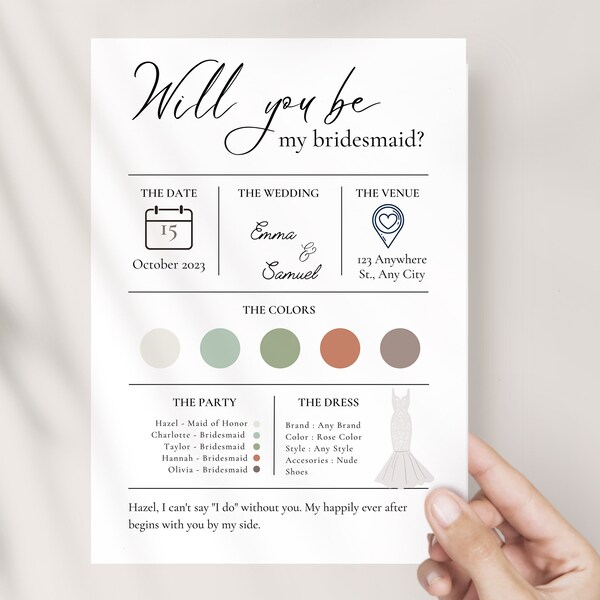 5x7 Bridesmaid Info Card Template, Bridal Party Info Card, Bridesmaid Information Card, Modern Minimalist Bridesmaid Infographic, Digital