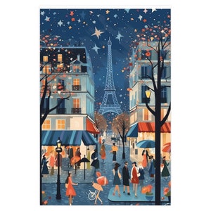 Carta da regalo natalizia con illustrazione vintage anni '50, Mid Century Modern Retro Verde, Rosso, Parigi di notte, Carta da regalo per le feste, Stampa più grande