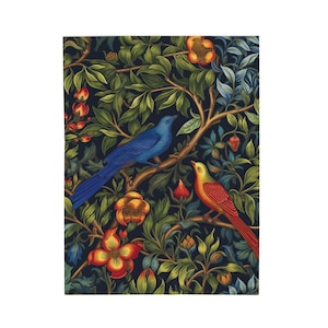 William Morris Inspired Botanical Velveteen Plush Blanket, Birds and Botanical Blanket, Botanical Throw Blanket