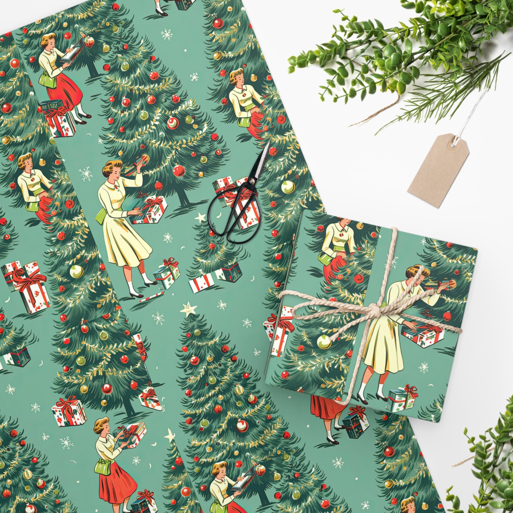 1950s Retro Vintage Christmas Wrapping Paper, Mid Century Modern Retro  Green, Red, Women, Ladies, Housewives Holiday Gift Wrap
